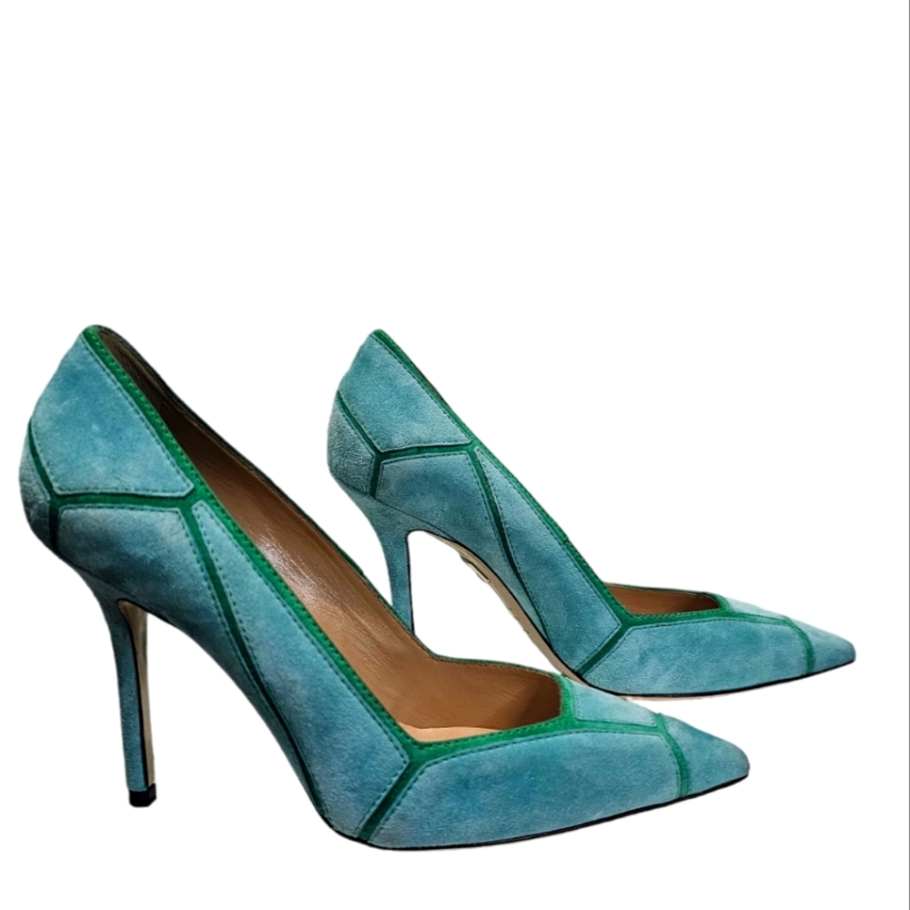 NEW ROGER VIVIER Green Suede Two Tone Leather Pointed Toe Stiletto Heels sz 36 - Picture 1 of 15